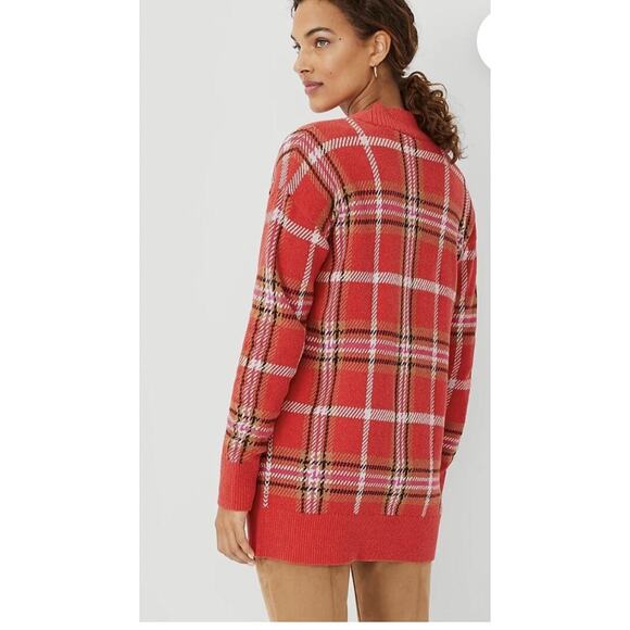 Ann Taylor Jacquard Plaid Boyfriend Cardigan Jubilee Red Size Small - Picture 1 of 6
